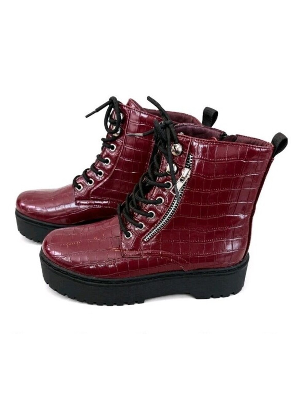 C&C California Janet Combat Boots Womens 6 Burgundy Croc Platform Lace Up NEW